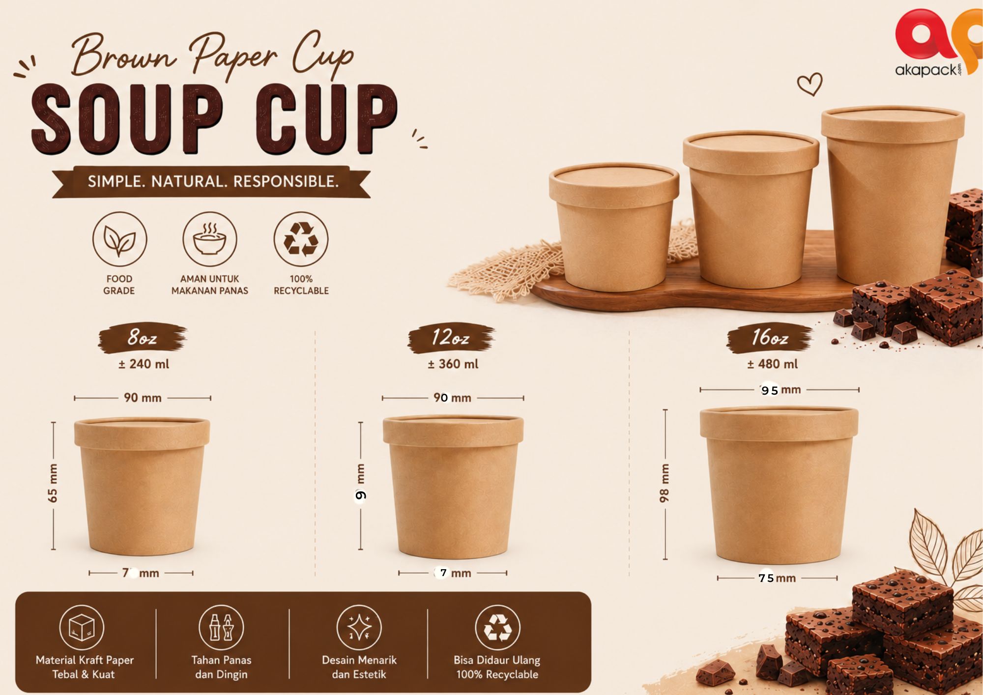 Brown Paper Cup (Soup) 8oz + Tutup — Gelas Papper Cup · grosir kemasan Akapack