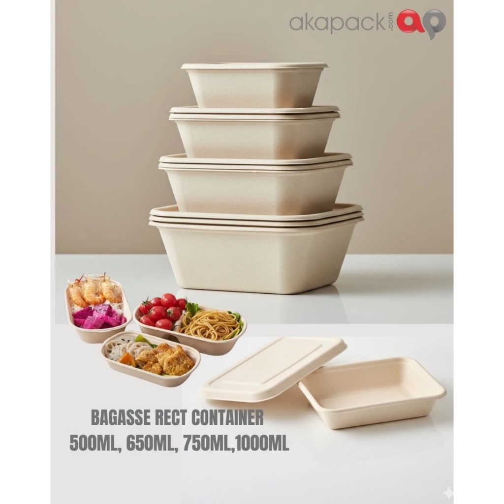 BAGASSE RECTANGULAR CONTAINER 1000 ML — Aneka Tray Plastik, Puding, Cake, Telur, & Mochi · grosir kemasan Akapack