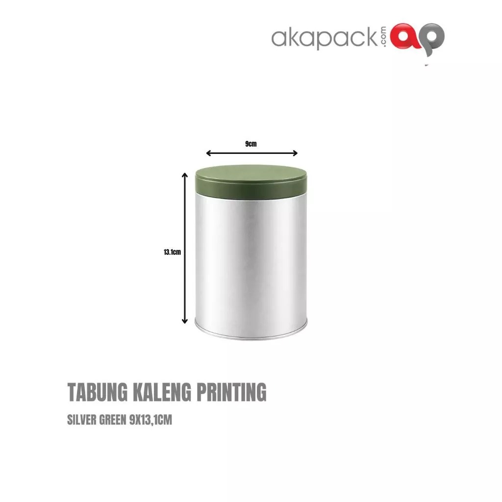 Tabung Kaleng Printing Silver Green Tutup Ulir 9x13,1cm — Kemasan Kaleng · grosir kemasan Akapack